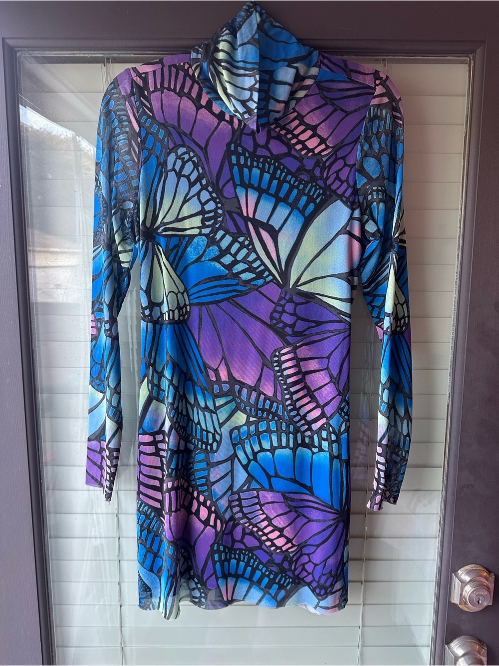 AFRM Butterfly Print Long Sleeve mock Neck Mini Dress in Blue & Purple